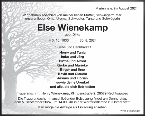Traueranzeige von Else Wienekamp von Ostfriesischer Kurier