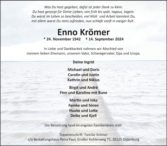 Traueranzeige von Enno Krämer von Ostfriesischer Kurier