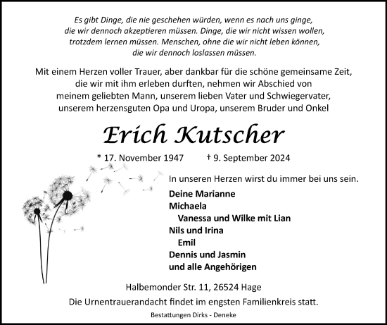 Traueranzeige von Erich Kutscher von Ostfriesischer Kurier