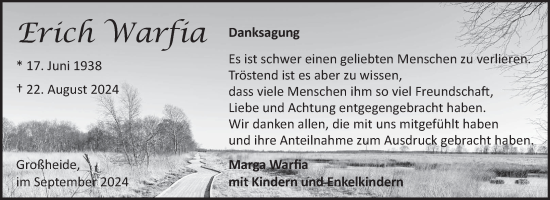 Traueranzeige von Erich Warfia von Ostfriesischer Kurier