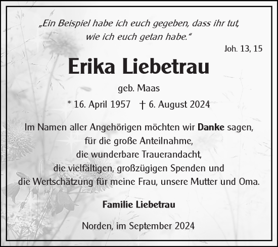 Traueranzeige von Erika Liebetrau von Ostfriesischer Kurier