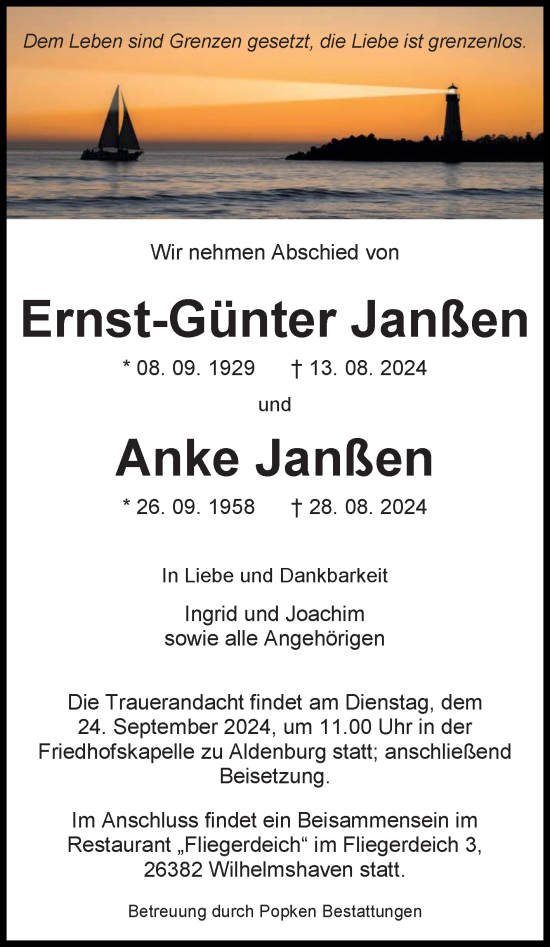 Traueranzeige von Ernst-Günter und Anke Janßen von Ostfriesischer Kurier