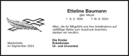 Traueranzeige von Etteline Baumann von Ostfriesischer Kurier