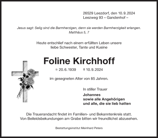 Traueranzeige von Foline Kirchhoff von Ostfriesischer Kurier