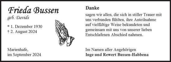 Traueranzeige von Frieda Bussen von Ostfriesischer Kurier