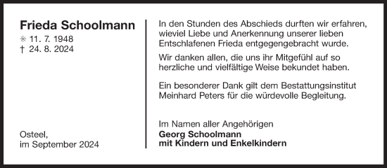 Traueranzeige von Frieda Schoolmann von Ostfriesischer Kurier