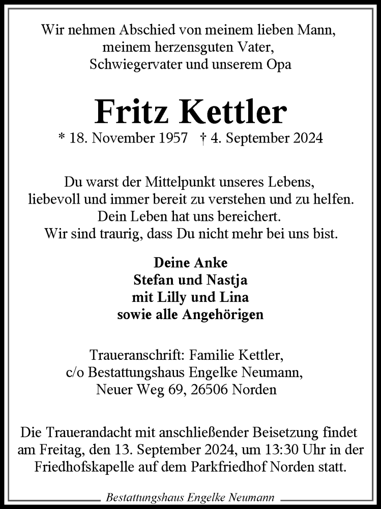  Traueranzeige für Fritz Kettler vom 10.09.2024 aus Ostfriesischer Kurier