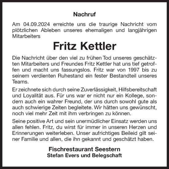 Traueranzeige von Fritz Kettler von Ostfriesischer Kurier