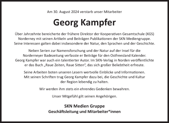 Traueranzeige von Georg Kampfer von Ostfriesischer Kurier