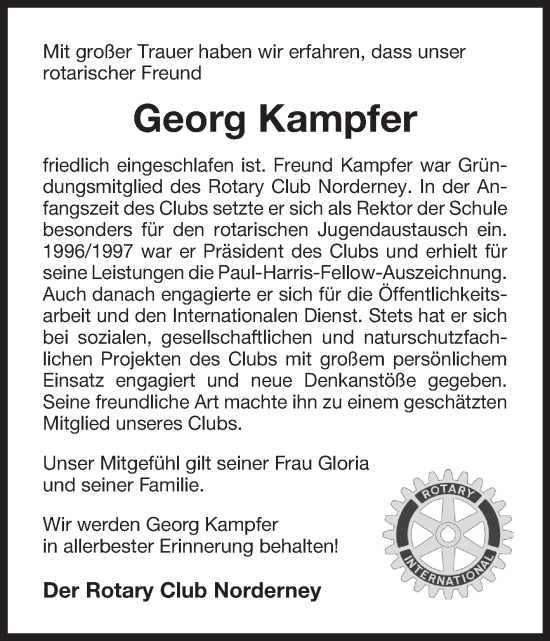 Traueranzeige von Georg Kampfer von Ostfriesischer Kurier