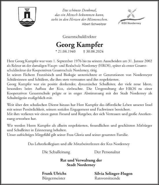 Traueranzeige von Georg Kampfer von Ostfriesischer Kurier