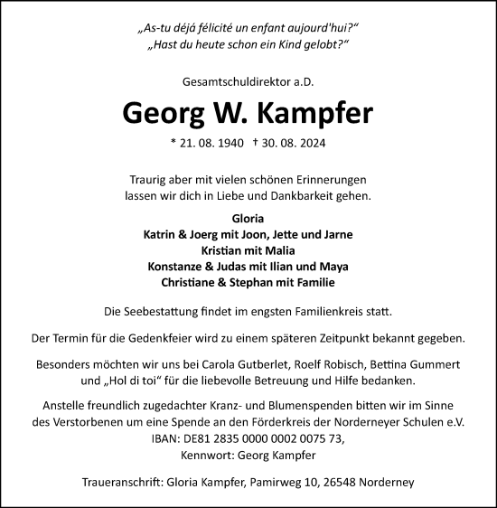 Traueranzeige von Georg W. Kampfer von Ostfriesischer Kurier