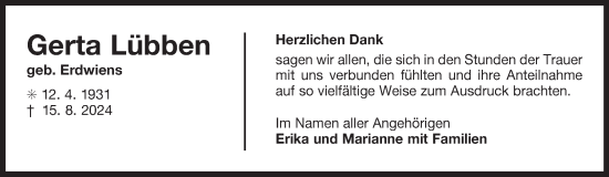 Traueranzeige von Gerta Lübben von Ostfriesischer Kurier