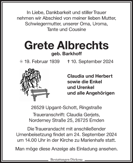 Traueranzeige von Grete Albrechts von Ostfriesischer Kurier