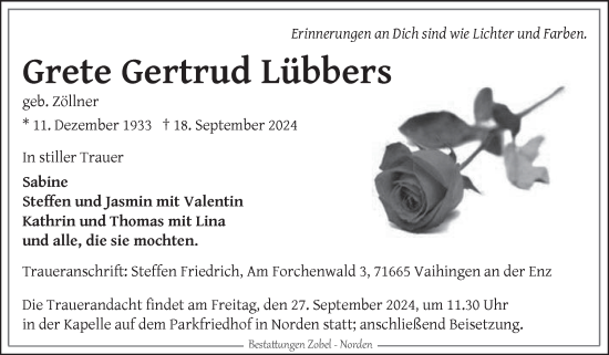Traueranzeige von Grete Gertrud Lübbers von Ostfriesischer Kurier