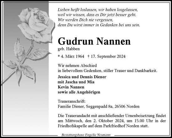 Traueranzeige von Gudrun Nannen von Ostfriesischer Kurier