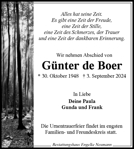 Traueranzeige von Günter de Boer von Ostfriesischer Kurier