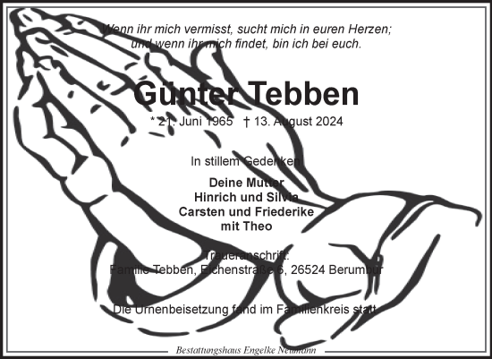Traueranzeige von Günter Tebben von Ostfriesischer Kurier