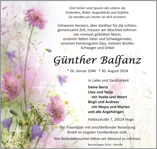 Traueranzeige von Günther Balfanz von Ostfriesischer Kurier