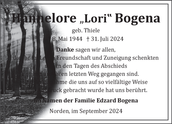 Traueranzeige von Hannelore Bogena von Ostfriesischer Kurier