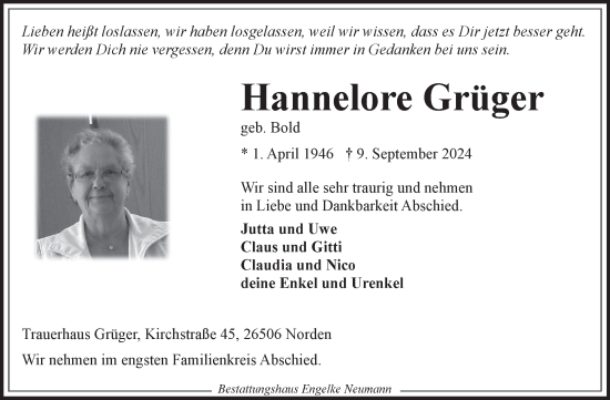 Traueranzeige von Hannelore Grüger von Ostfriesischer Kurier