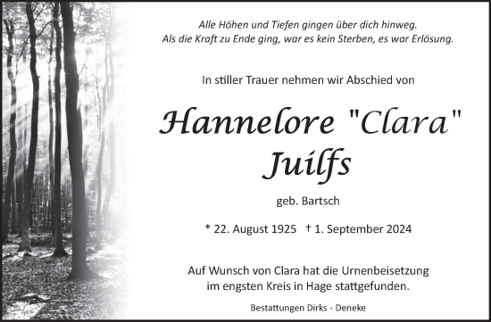 Traueranzeige von Hannelore Juilfs von Ostfriesischer Kurier