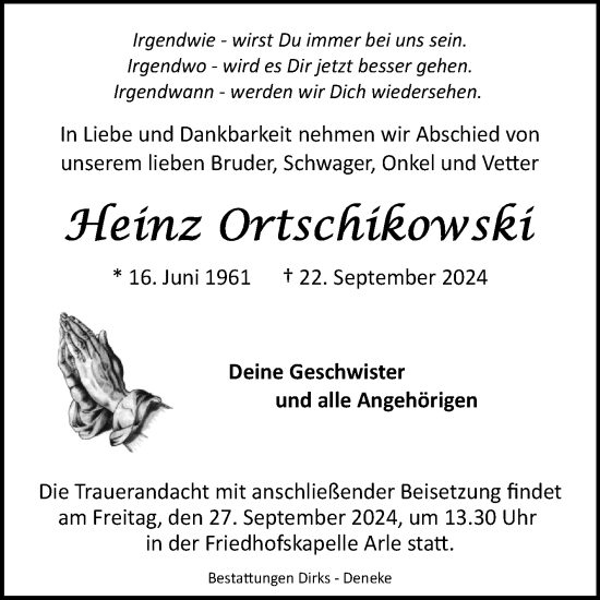 Traueranzeige von Heinz Ortschikowski von Ostfriesischer Kurier