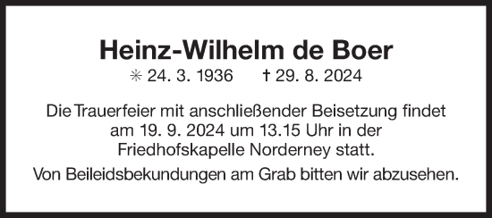 Traueranzeige von Heinz-Wilhelm de Boer von Ostfriesischer Kurier
