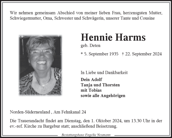 Traueranzeige von Hennie Harms von Ostfriesischer Kurier