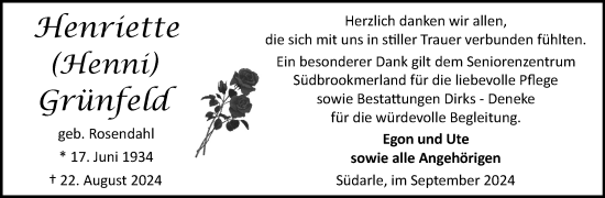 Traueranzeige von Henriette Grünfeld von Ostfriesischer Kurier