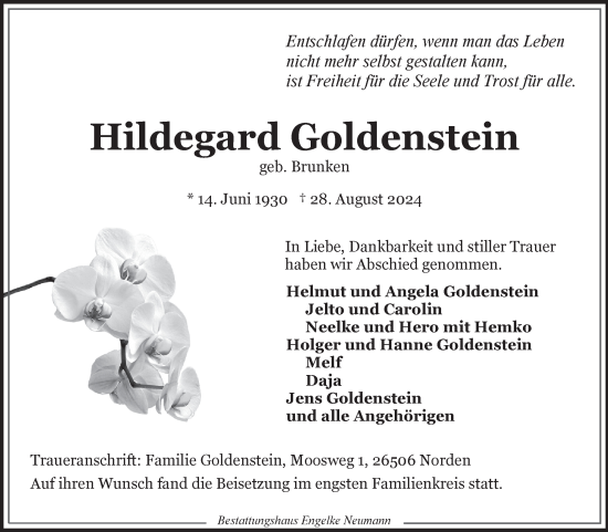 Traueranzeige von Hildegard Goldenstein von Ostfriesischer Kurier