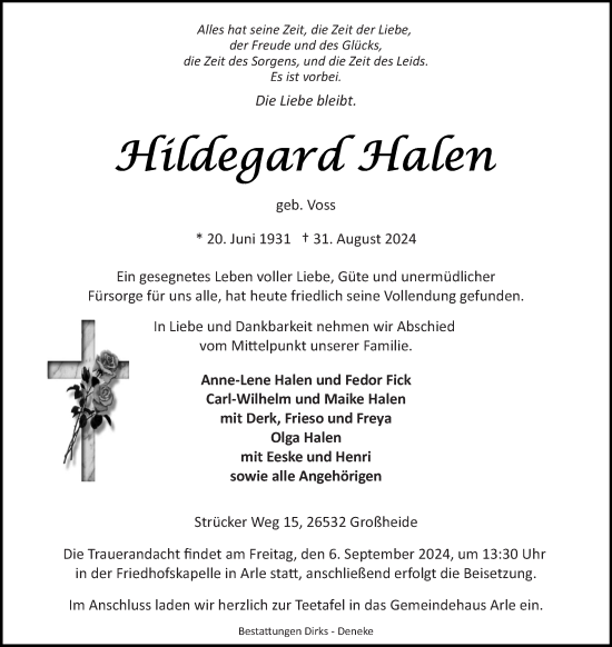 Traueranzeige von Hildegard Halen von Ostfriesischer Kurier