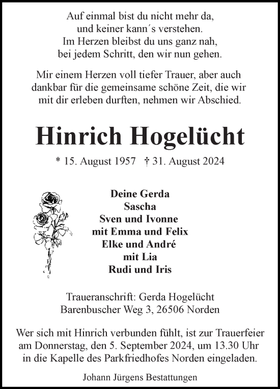 Traueranzeige von Hinrich Hogelücht von Ostfriesischer Kurier