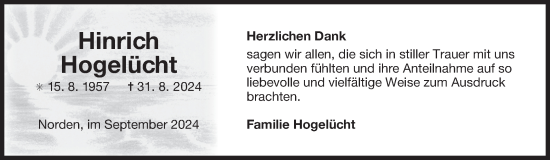 Traueranzeige von Hinrich Hogelücht von Ostfriesischer Kurier