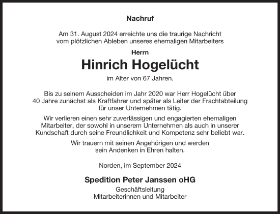 Traueranzeige von Hinrich Hogelücht von Ostfriesischer Kurier