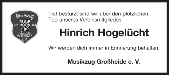 Traueranzeige von Hinrich Hogelücht von Ostfriesischer Kurier
