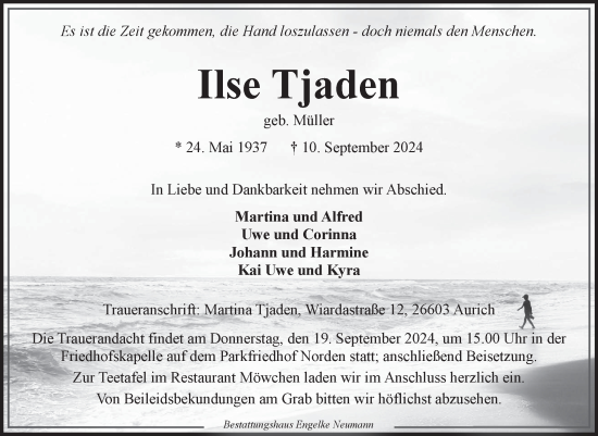 Traueranzeige von Ilse Tjaden von Ostfriesischer Kurier