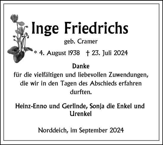 Traueranzeige von Inge Friedrichs von Ostfriesischer Kurier