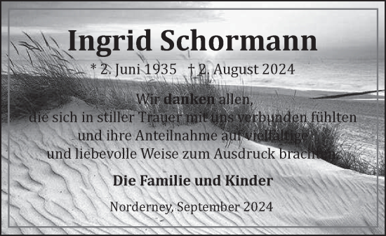Traueranzeige von Ingrid Schormann von Ostfriesischer Kurier