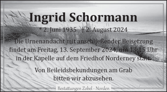 Traueranzeige von Ingrid Schormann von Ostfriesischer Kurier