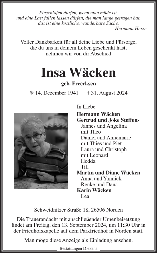 Traueranzeige von Insa Wäcken von Ostfriesischer Kurier
