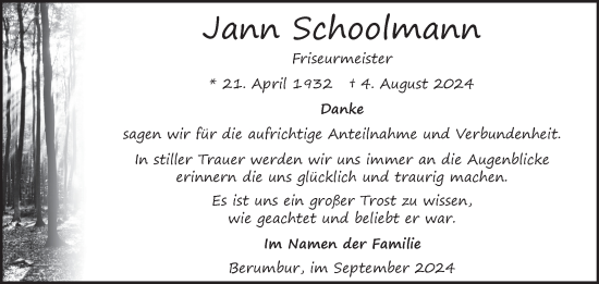 Traueranzeige von Jann Schoolmann von Ostfriesischer Kurier