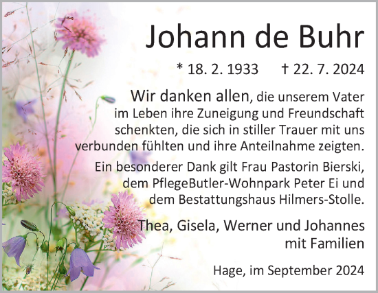 Traueranzeige von Johann de Buhr von Ostfriesischer Kurier