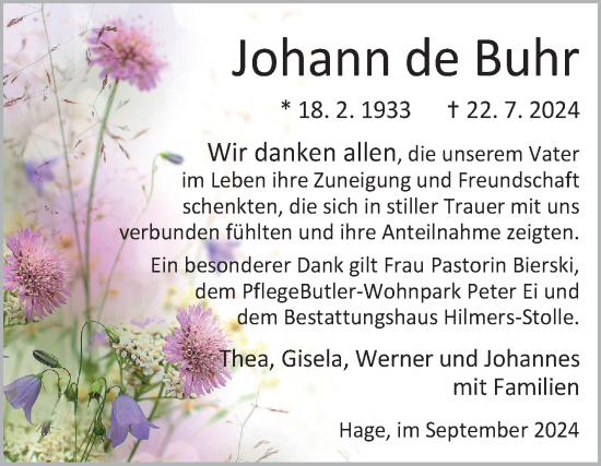 Traueranzeige von Johann de Buhr von Ostfriesischer Kurier