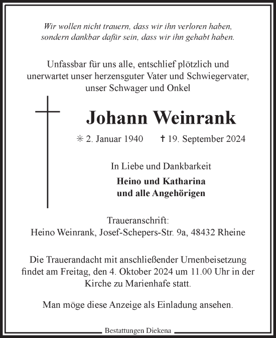 Traueranzeige von Johann Weinrank von Ostfriesischer Kurier