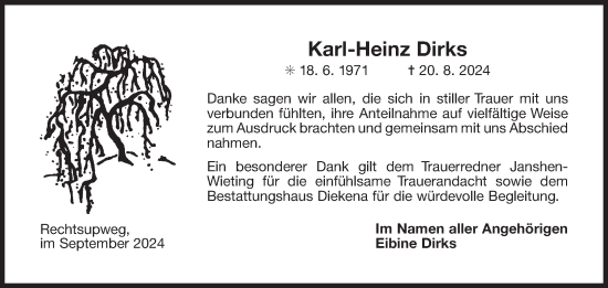 Traueranzeige von Karl-Heinz Dirks von Ostfriesischer Kurier