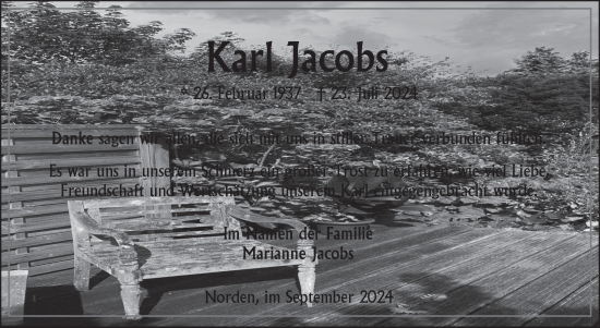 Traueranzeige von Karl Jacobs von Ostfriesischer Kurier