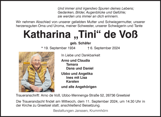Traueranzeige von Katharina de Voß von Ostfriesischer Kurier