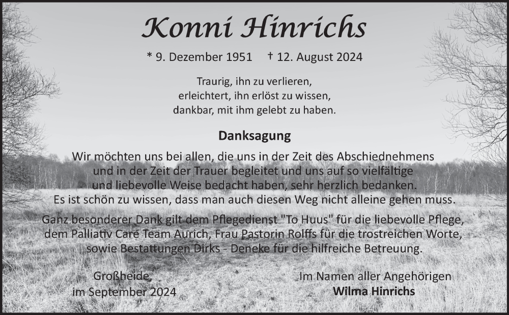  Traueranzeige für Konni Hinrichs vom 14.09.2024 aus Ostfriesischer Kurier