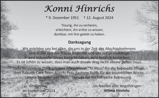 Traueranzeige von Konni Hinrichs von Ostfriesischer Kurier